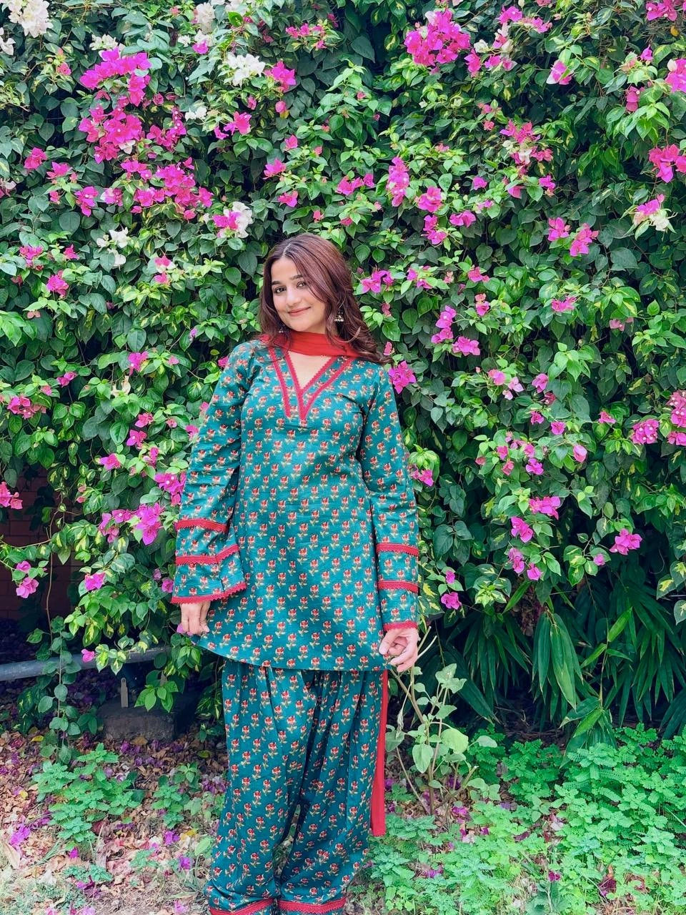 Teal Green Floral Print Farshi Suit model shot 5 – Kalyanja KU303